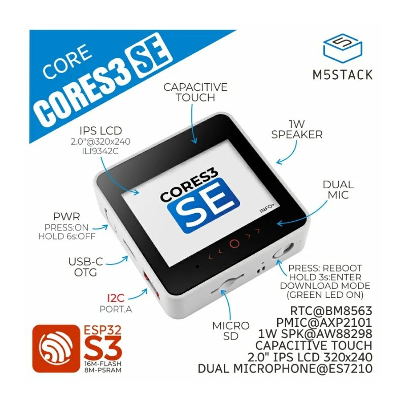 M5Stack CoreS3 SE IoT Controller without Battery Bottom k128-SE