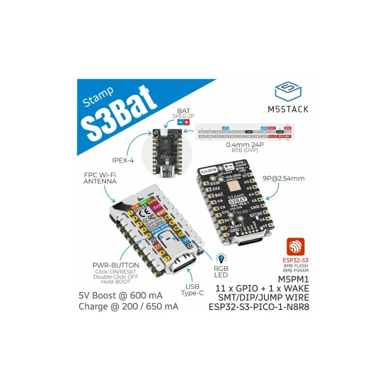 M5StampS3 BAT Module with Battery Connector SKU: S015
