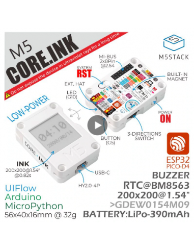 Official M5Stack ESP32 Core Ink Development Kit, Industrial Control Panel, IoT E-Book Terminal, 1.54 inch eInk Screen, 390mAh