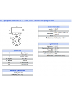 Supercapacitor, 47000μF, 5.5V dc, Through Hole, 11 (Dia.) X 5.5mm 200Ω 0.047F
