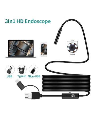 Endoscope USB 3.5m (5.5mm, waterproof, Micro USB OTG et USB, aimant & crochet, Android, Win, Mac, Linux)