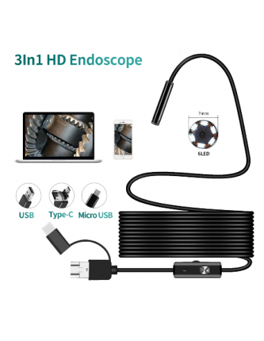 USB Endoscope 3.5M (5.5mm, waterproof, Micro USB OTG and USB, magnet & hook, Android, Win, Mac, Linux)