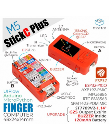 M5STICKC plus IoT development module Kit (ESP32-PICO Mini IoT , Wifi, Bluetooth 4,  LCD, Battery, etc.)